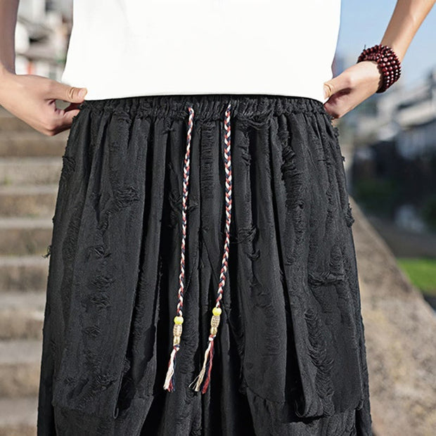 Buddha Stones Solid Color Hole Design Drawstring Cotton Men's Wide Leg Pants With Pockets