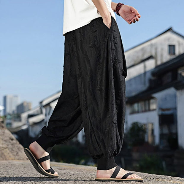 Buddha Stones Solid Color Hole Design Drawstring Cotton Men's Wide Leg Pants With Pockets