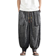 Buddha Stones Solid Color Hole Design Drawstring Cotton Men's Wide Leg Pants With Pockets