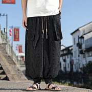 Buddha Stones Solid Color Hole Design Drawstring Cotton Men's Wide Leg Pants With Pockets