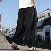 Buddha Stones Solid Color Hole Design Drawstring Cotton Men's Wide Leg Pants With Pockets