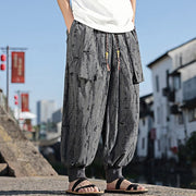 Buddha Stones Solid Color Hole Design Drawstring Cotton Men's Wide Leg Pants With Pockets