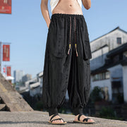 Buddha Stones Solid Color Hole Design Drawstring Cotton Men's Wide Leg Pants With Pockets