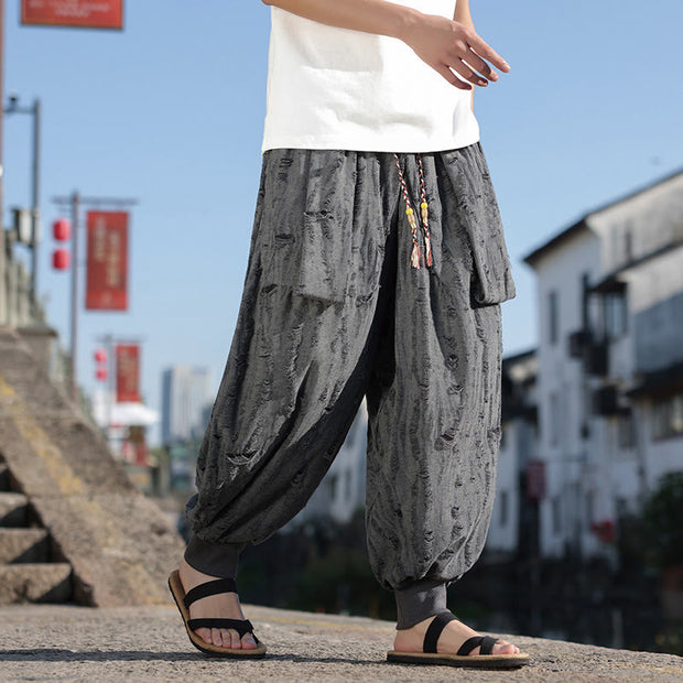 Buddha Stones Solid Color Hole Design Drawstring Cotton Men's Wide Leg Pants With Pockets