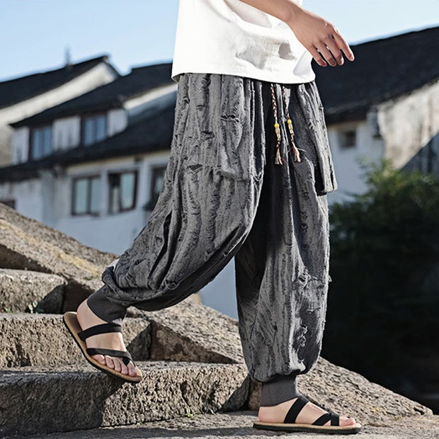 Buddha Stones Solid Color Hole Design Drawstring Cotton Men's Wide Leg Pants With Pockets