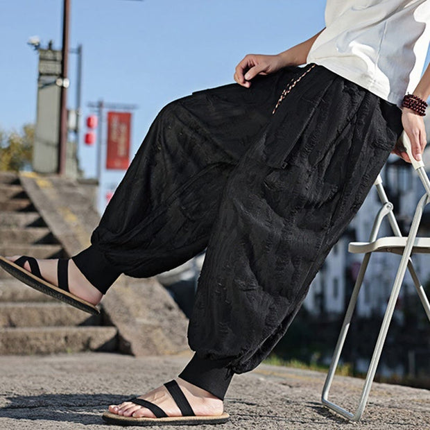 Buddha Stones Solid Color Hole Design Drawstring Cotton Men's Wide Leg Pants With Pockets