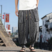 Buddha Stones Solid Color Hole Design Drawstring Cotton Men's Wide Leg Pants With Pockets