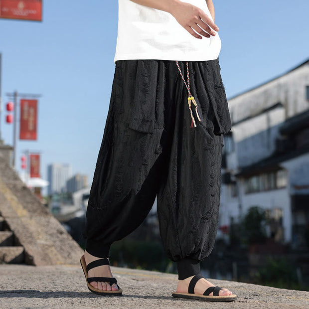 Buddha Stones Solid Color Hole Design Drawstring Cotton Men's Wide Leg Pants With Pockets