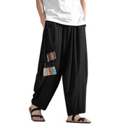 Buddha Stones Simple Patchwork Design Drawstring Cotton Men's Wide Leg Pants With Pockets