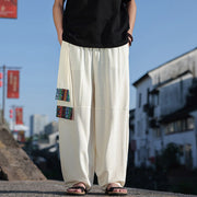 Buddha Stones Simple Patchwork Design Drawstring Cotton Men's Wide Leg Pants With Pockets