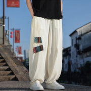 Buddha Stones Simple Patchwork Design Drawstring Cotton Men's Wide Leg Pants With Pockets