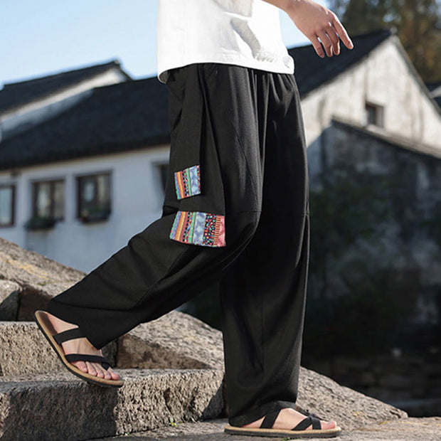 Buddha Stones Simple Patchwork Design Drawstring Cotton Men's Wide Leg Pants With Pockets