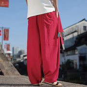 Buddha Stones Simple Patchwork Design Drawstring Cotton Men's Wide Leg Pants With Pockets