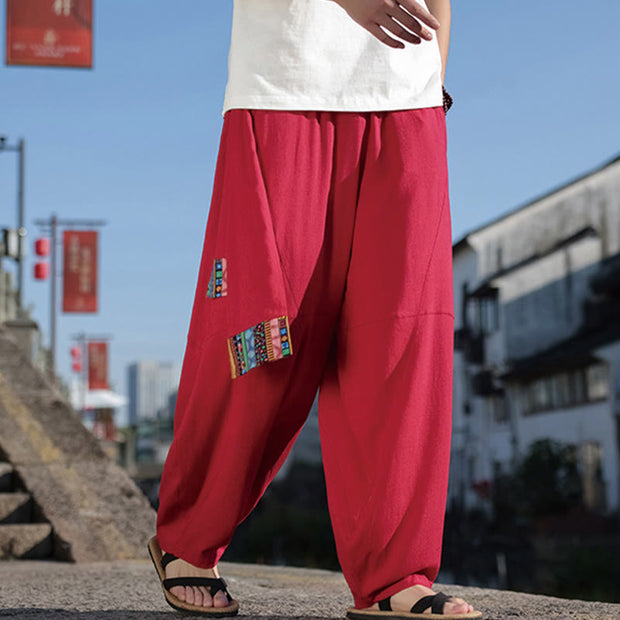 Buddha Stones Simple Patchwork Design Drawstring Cotton Men's Wide Leg Pants With Pockets