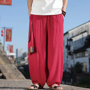 Buddha Stones Simple Patchwork Design Drawstring Cotton Men's Wide Leg Pants With Pockets