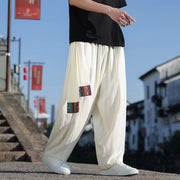 Buddha Stones Simple Patchwork Design Drawstring Cotton Men's Wide Leg Pants With Pockets