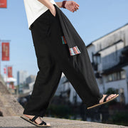 Buddha Stones Simple Patchwork Design Drawstring Cotton Men's Wide Leg Pants With Pockets