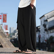 Buddha Stones Simple Patchwork Design Drawstring Cotton Men's Wide Leg Pants With Pockets