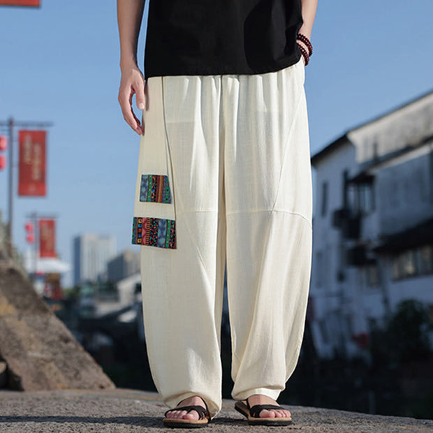 Buddha Stones Simple Patchwork Design Drawstring Cotton Men's Wide Leg Pants With Pockets