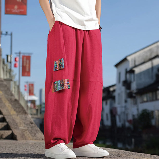 Buddha Stones Simple Patchwork Design Drawstring Cotton Men's Wide Leg Pants With Pockets