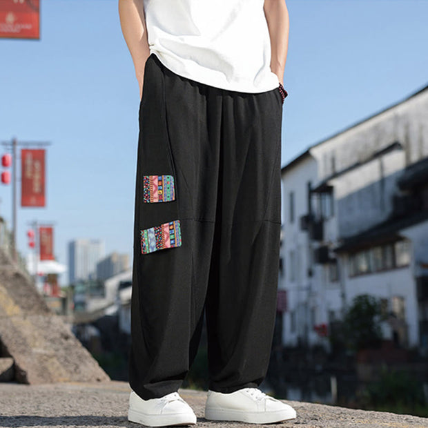 Buddha Stones Simple Patchwork Design Drawstring Cotton Men's Wide Leg Pants With Pockets