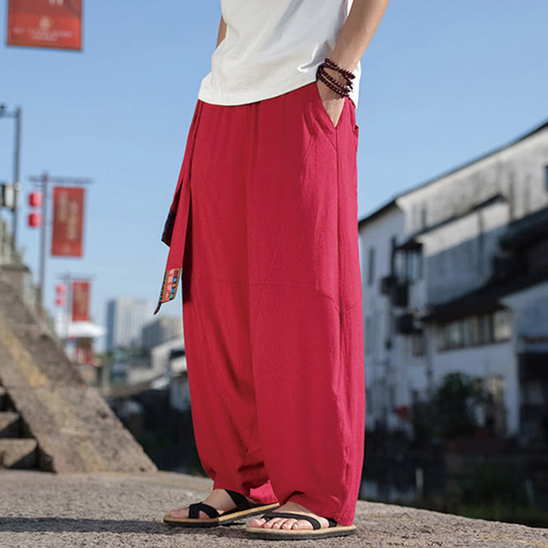 Buddha Stones Simple Patchwork Design Drawstring Cotton Men's Wide Leg Pants With Pockets