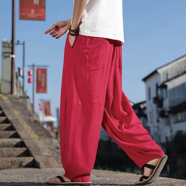 Buddha Stones Simple Patchwork Design Drawstring Cotton Men's Wide Leg Pants With Pockets