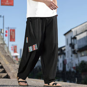 Buddha Stones Simple Patchwork Design Drawstring Cotton Men's Wide Leg Pants With Pockets