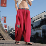 Buddha Stones Simple Patchwork Design Drawstring Cotton Men's Wide Leg Pants With Pockets