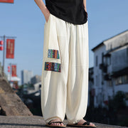 Buddha Stones Simple Patchwork Design Drawstring Cotton Men's Wide Leg Pants With Pockets