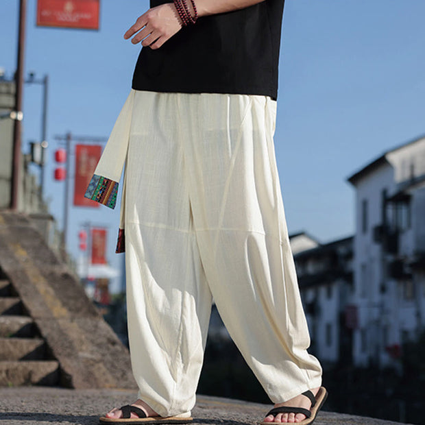 Buddha Stones Simple Patchwork Design Drawstring Cotton Men's Wide Leg Pants With Pockets