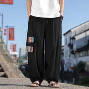 Buddha Stones Simple Patchwork Design Drawstring Cotton Men's Wide Leg Pants With Pockets