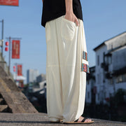 Buddha Stones Simple Patchwork Design Drawstring Cotton Men's Wide Leg Pants With Pockets