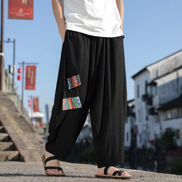 Buddha Stones Simple Patchwork Design Drawstring Cotton Men's Wide Leg Pants With Pockets