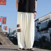 Buddha Stones Simple Patchwork Design Drawstring Cotton Men's Wide Leg Pants With Pockets