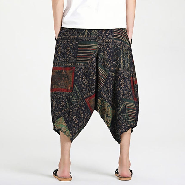 Buddha Stones Ethnic Pattern Drawstring 7-8 Length Cotton Men's Harem Pants With Pockets