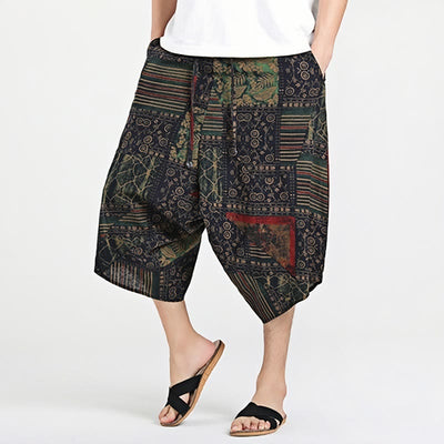 Buddha Stones Ethnic Pattern Drawstring 7-8 Length Cotton Men's Harem Pants With Pockets