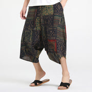 Buddha Stones Ethnic Pattern Drawstring 7-8 Length Cotton Men's Harem Pants With Pockets