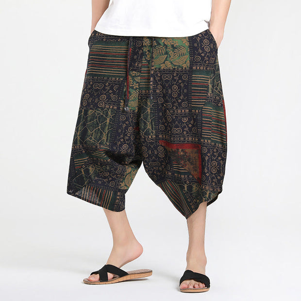 Buddha Stones Ethnic Pattern Drawstring 7-8 Length Cotton Men's Harem Pants With Pockets