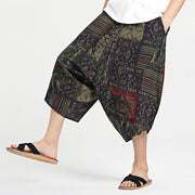 Buddha Stones Ethnic Pattern Drawstring 7-8 Length Cotton Men's Harem Pants With Pockets