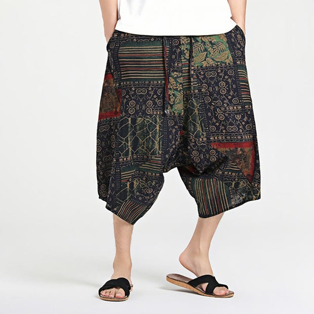 Buddha Stones Ethnic Pattern Drawstring 7-8 Length Cotton Men's Harem Pants With Pockets