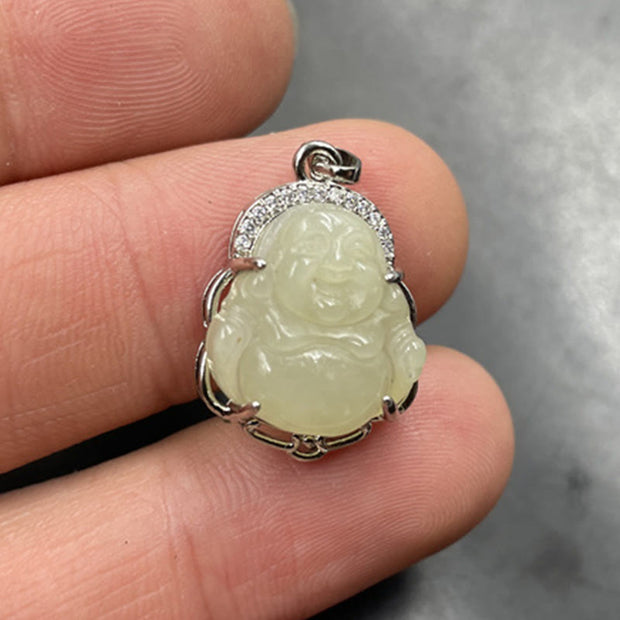 Buddha Stones Natural Hetian Jade Laughing Buddha Abundance Necklace Pendant