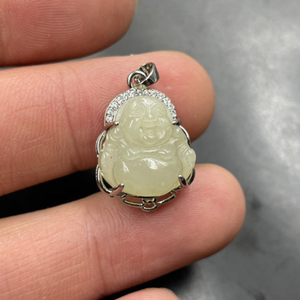 Buddha Stones Natural Hetian Jade Laughing Buddha Abundance Necklace Pendant