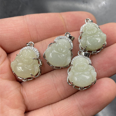 Buddha Stones Natural Hetian Jade Laughing Buddha Abundance Necklace Pendant