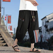 Buddha Stones Bohemian Patchwork Pattern Cotton Drawstring Men's Wide Leg Pants With Pockets