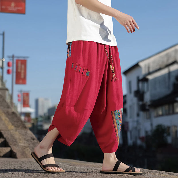 Buddha Stones Bohemian Patchwork Pattern Cotton Drawstring Men's Wide Leg Pants With Pockets