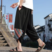 Buddha Stones Bohemian Patchwork Pattern Cotton Drawstring Men's Wide Leg Pants With Pockets