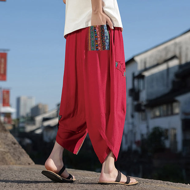 Buddha Stones Bohemian Patchwork Pattern Cotton Drawstring Men's Wide Leg Pants With Pockets