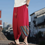 Buddha Stones Bohemian Patchwork Pattern Cotton Drawstring Men's Wide Leg Pants With Pockets