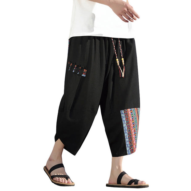 Buddha Stones Bohemian Patchwork Pattern Cotton Drawstring Men's Wide Leg Pants With Pockets